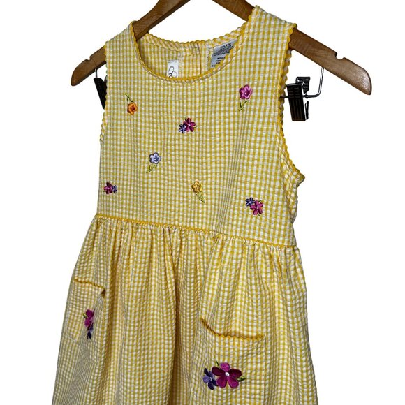 Vintage Youngland Yellow Dress Girls 10 Gingham Floral Embroidered Cottagecore - Picture 2 of 8